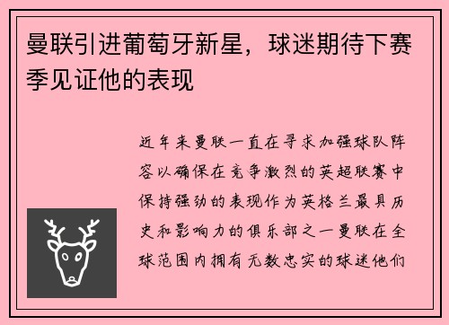 曼联引进葡萄牙新星，球迷期待下赛季见证他的表现
