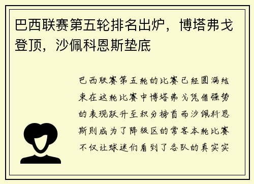 巴西联赛第五轮排名出炉，博塔弗戈登顶，沙佩科恩斯垫底