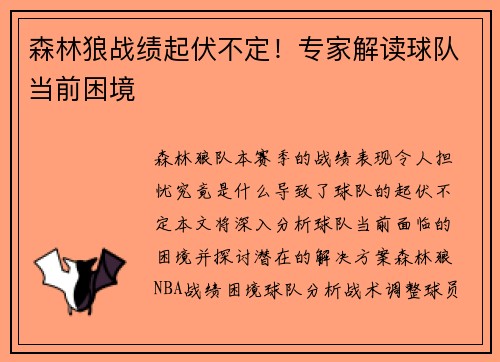 森林狼战绩起伏不定！专家解读球队当前困境