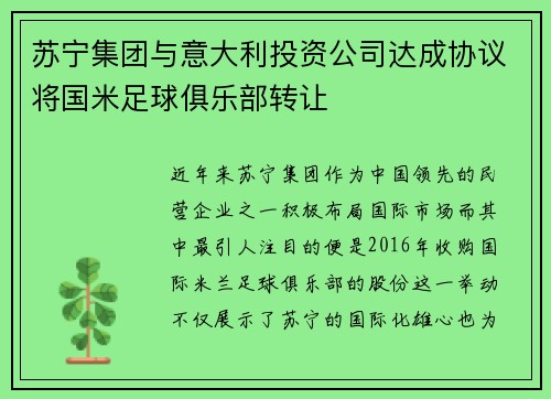 苏宁集团与意大利投资公司达成协议将国米足球俱乐部转让