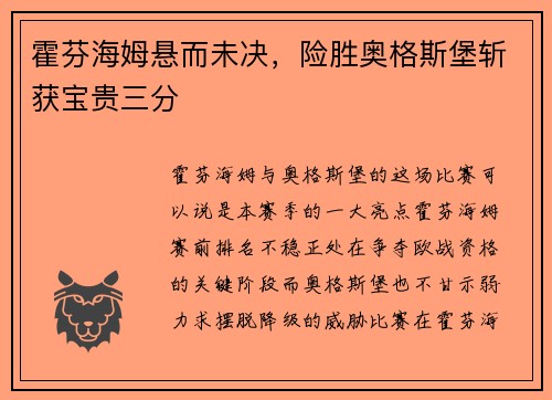 霍芬海姆悬而未决，险胜奥格斯堡斩获宝贵三分