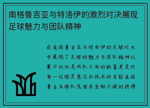 南格鲁吉亚与特洛伊的激烈对决展现足球魅力与团队精神