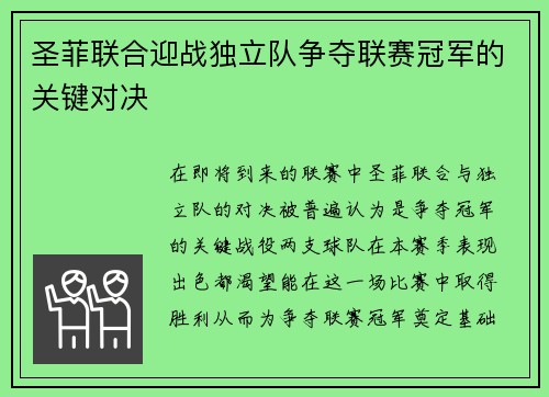 圣菲联合迎战独立队争夺联赛冠军的关键对决